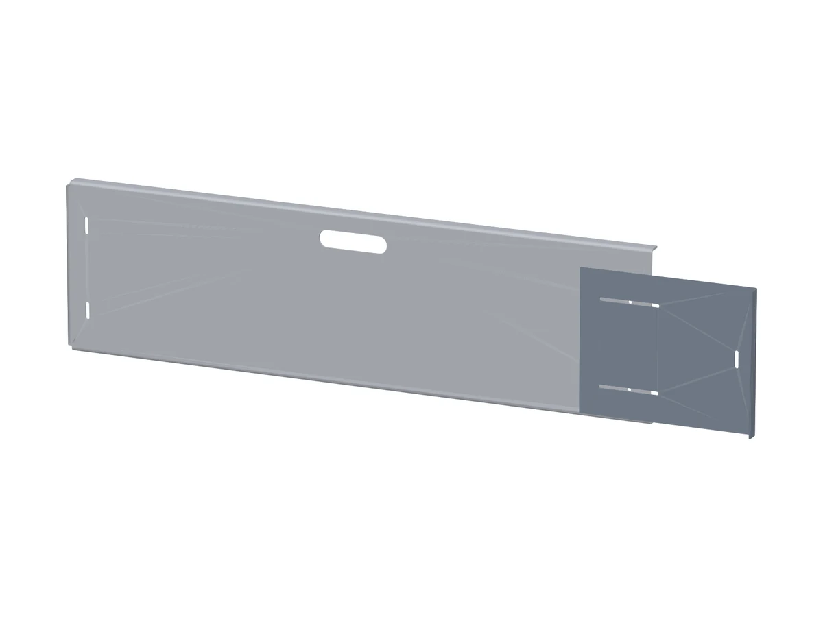 CAD render of the F-150 bed divider: one continuous aluminum panel with a handle slot, and a sliding end piece that sets the width