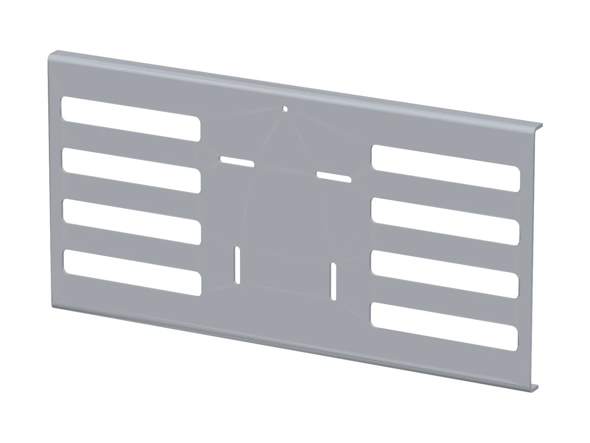 CAD render of an F-150 MOLLE-compatible bed-side section: a flanged aluminum panel with two columns of long strap slots either side of a solid mounting strip