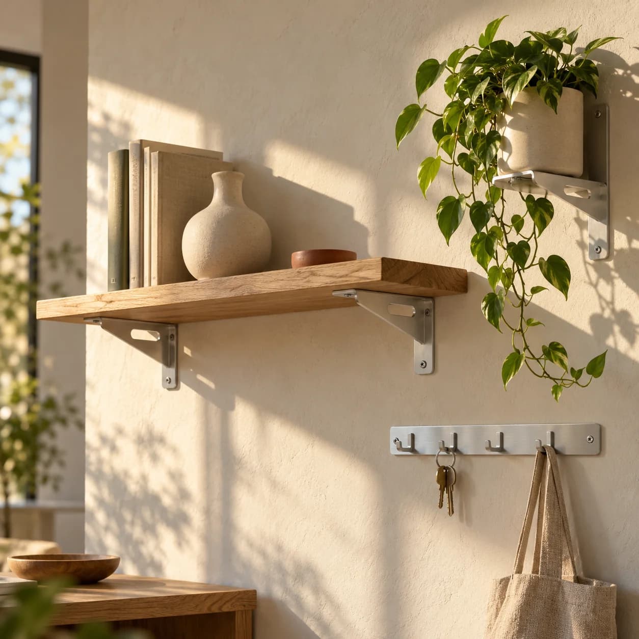 An oak shelf on brushed-aluminum brackets, a wall planter bracket and an aluminum key hook rail in warm evening light