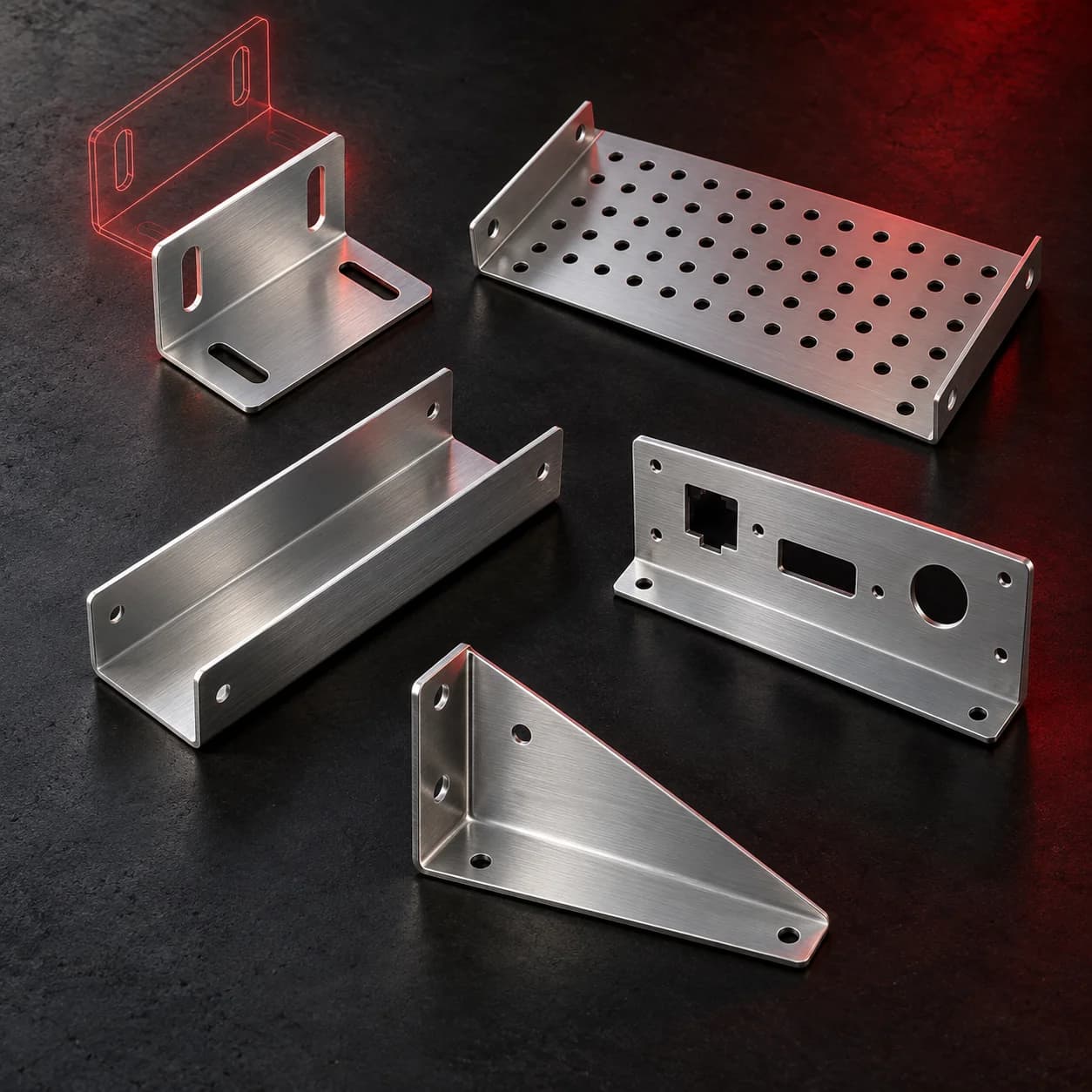 A set of bent brushed-aluminum parts: an angle bracket, a perforated tray, a channel, a gusset and a connector panel