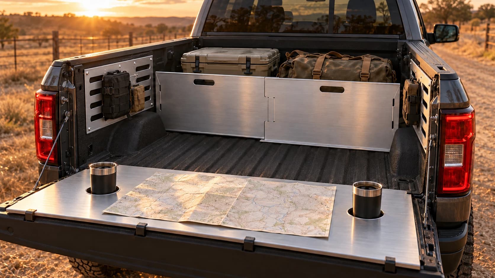 A pickup bed at golden hour fitted with aluminum MOLLE-compatible bed-side panels, a bed divider and a tailgate table
