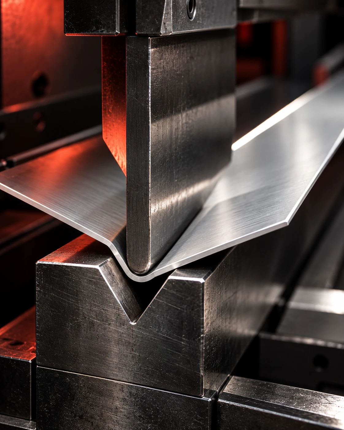 A press brake punch bending an aluminum sheet into a V-die