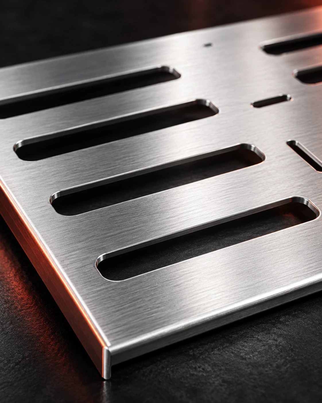 A finished bare brushed-aluminum panel with slots and a bent edge
