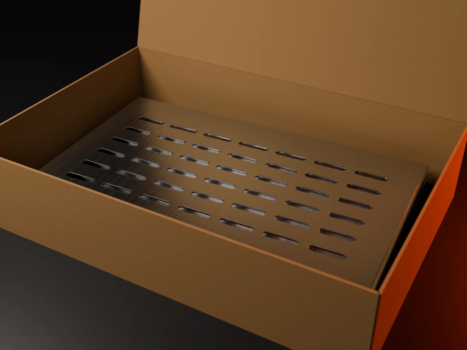Brushed aluminum panels packed flat in a shipping box